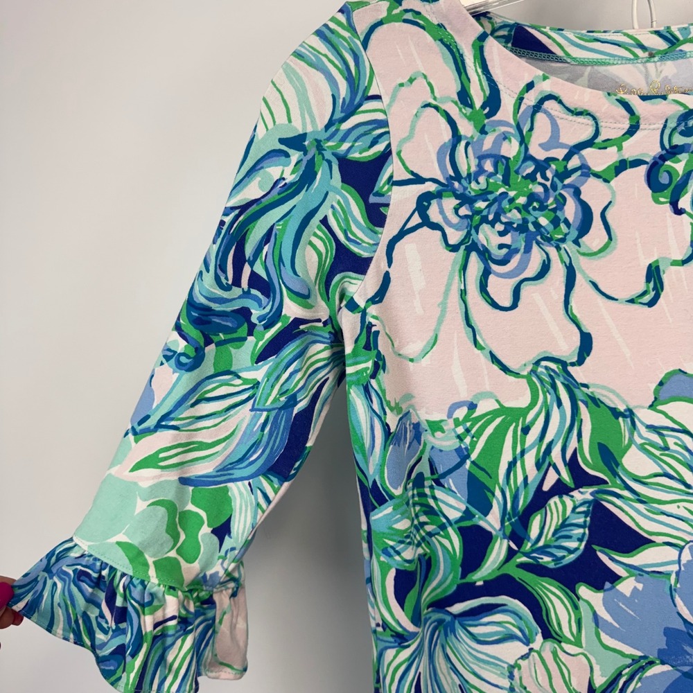 Lilly Pulitzer XL 12-14 Floral Ruffle Sleeve Shift Dress Blue Green Pink Jersey - Picture 5 of 12